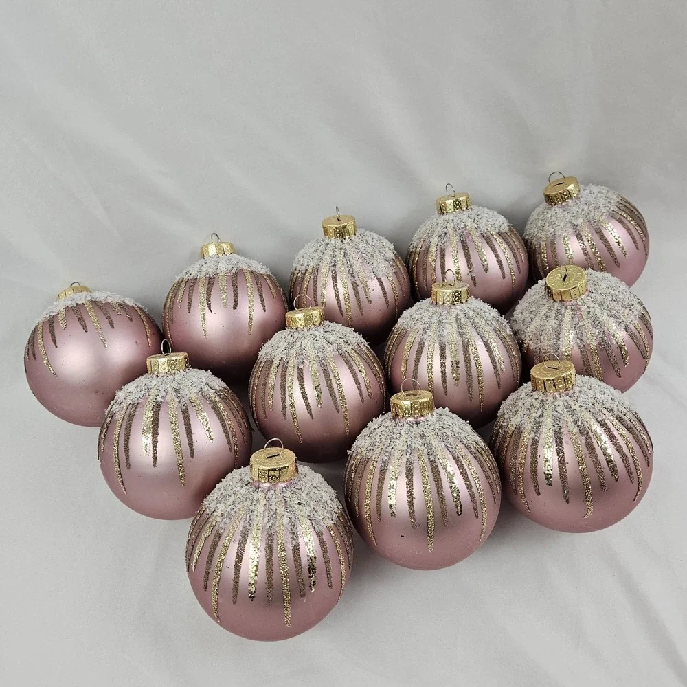 Large Opulent Pink Gold Round Mercury Glass Christmas Ornaments Set of 12